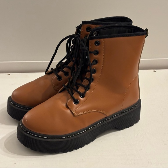 Y2K Chestnut Brown Lace-Up Ankle Combat Chunky Boots Size 7.5 - Picture 1 of 9
